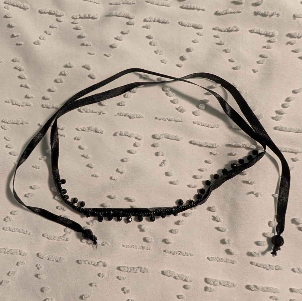 Black Beaded Ribbon Choker Necklace